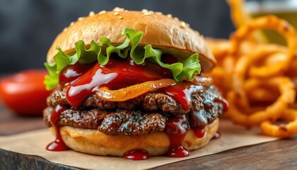 Juicy beef patty on a toasted bun with BBQ sauce, lettuce, and onion rings, takeaway, summer food