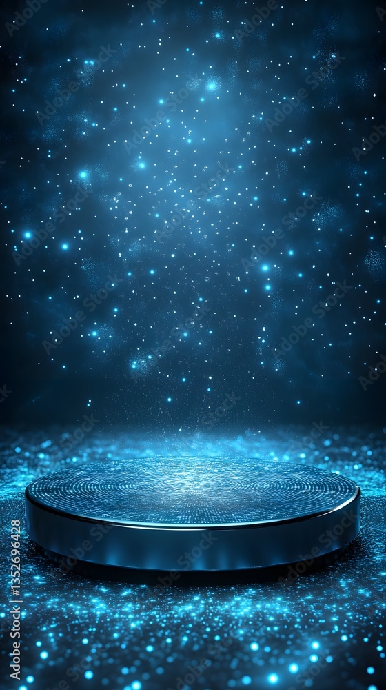 Poster a futuristic metallic podium, placed in a digital space with holographic floating data streams