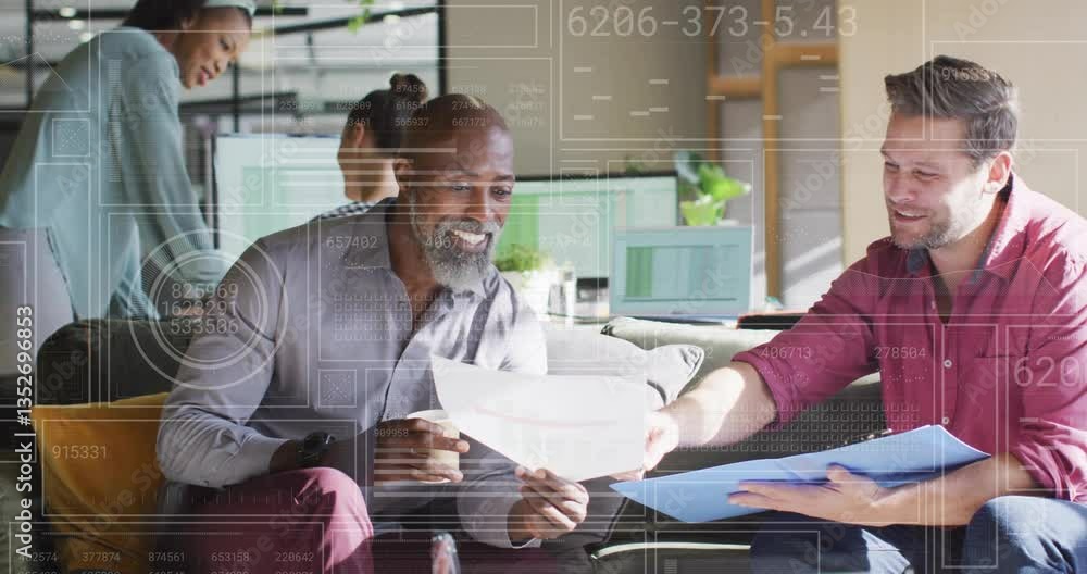 Poster discussing documents, diverse colleagues with digital data processing animation overlay