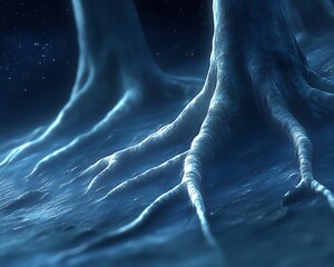 Fototapeta premium The cold bluish roots extend across a textured ethereal landscape