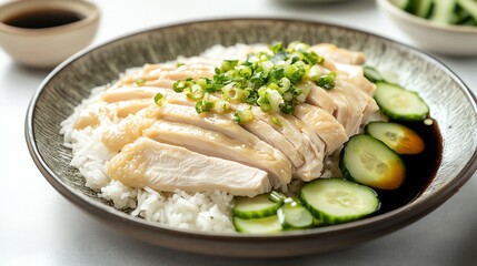 Hainanese Chicken Rice with Cucumber and Scallions on Plate