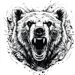 Grunge Style Black and White Circular Illustration of a Roaring Angry Bear Head for Impactful Design