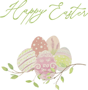 Postcard, greeting card, Vector, Watercolor, Happy Easter, colored eggs, for Printable Cards, invitations 