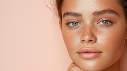 Close-up portrait of a young woman's face. she has fair skin and blue eyes, and her hair is styled in loose curls.