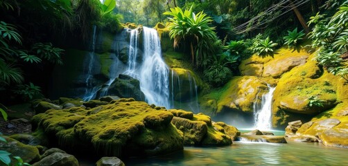 Fototapeta premium Lush green jungle waterfall cascading over mossy rocks, biodiversity, peace
