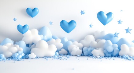 Blue hearts and clouds 3D rendering.