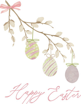Postcard, Vector, Watercolor, willow branch with Easter colored eggs, Printable Cards, invitations, greeting cards