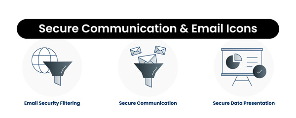 Secure Communication & Email Icons. Secure Communication, Email Security Filtering, Secure Data Presentation.