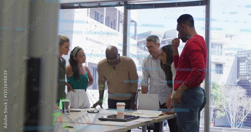 Poster diverse team collaborating over financial data processing animation in modern office