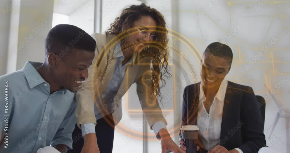 Poster collaborating in office, diverse business team discussing with microphone animation overlay