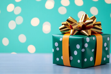 A Studio Photograph Capturing a Delightful Arrangement of a Green Gift Box Adorned with a Shiny Gold Bow, Set in a Festive Environment for Holiday Celebrations