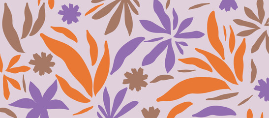 Cute botanical shapes pattern, random cutouts of tropical leaves and flowers, decorative abstract art vector illustration