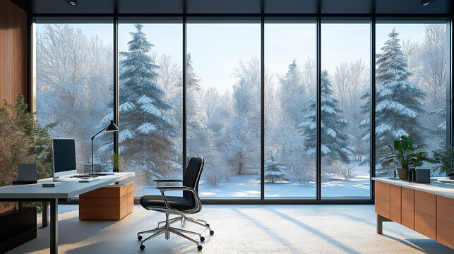 modern office desk with computer and winter landscape view