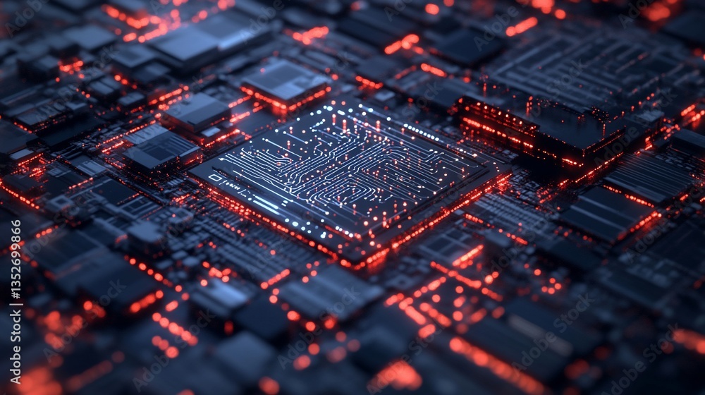 Poster abstract microchip circuit board: glowing red and blue technology