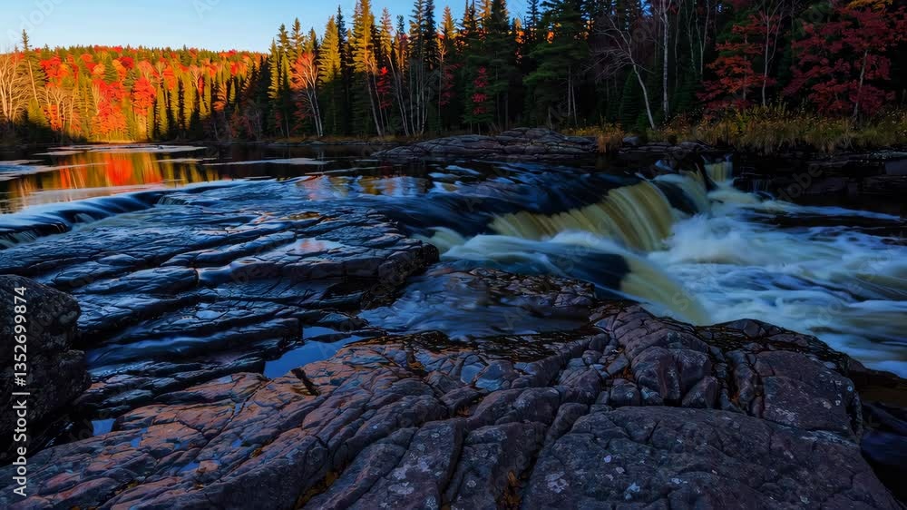 Poster waterfall with autumn forest reflection in evening light. nature and tranquility concept
