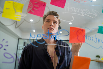 Professional caucasian businessman brainstorming marketing idea by using mind map and sticky notes on glass board at modern meeting room. Creative business and planing concept. Immaculate.