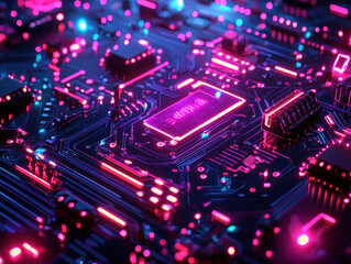 Obraz premium Intricate neon cyberpunk circuit board with glowing elements in vibrant 8K resolution