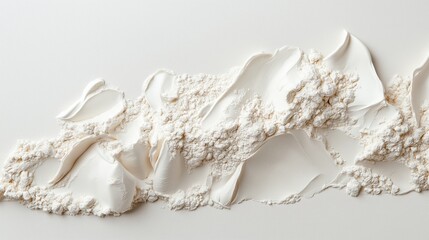 Close-up of a pile of white powder on a plain white background. the powder appears to be finely ground and has a smooth texture.