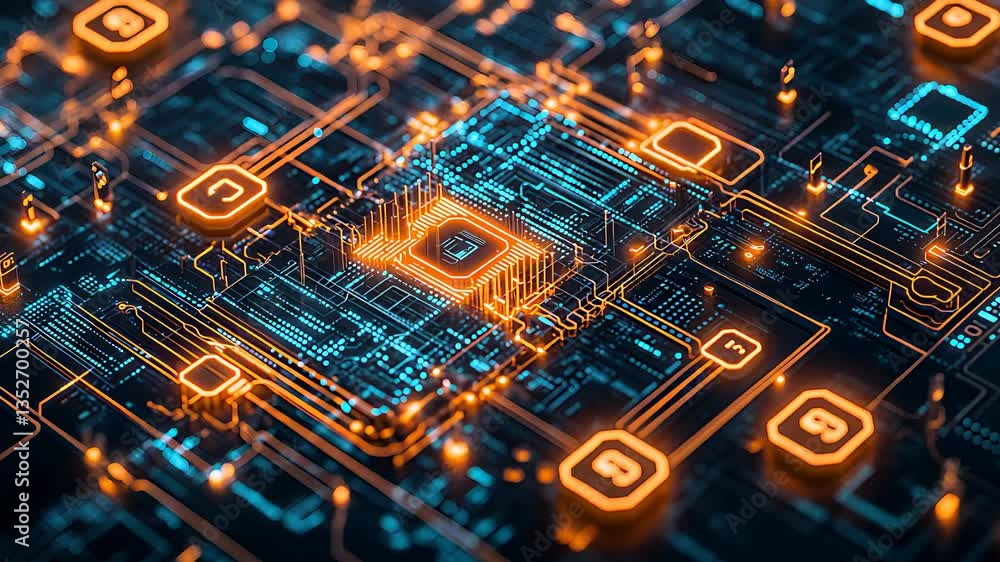 Aufkleber glowing circuit board with central microchip