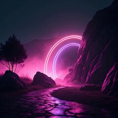 Mystical Pathway: Pink Neon Circle Illuminating a Rocky Landscape under a Dark Sky and Mountain Backdrop