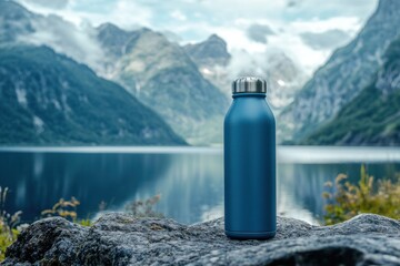 Blue water bottle on a rock by a lake in the mountains.