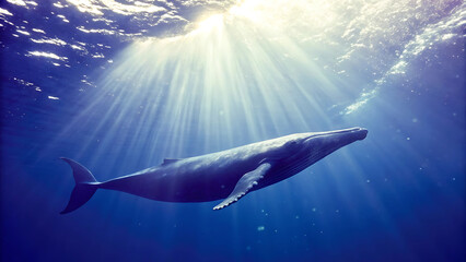 Naklejka premium deep sea scene featuring majestic blue whale swimming gracefully through ocean, illuminated by sunlight filtering from above