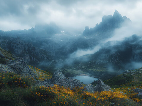  a scenic mountain landscape with rocky terrain, lush greenery, and a vibrant field of yellow flowers in the foreground. The background features rugged, snow-capped peaks under a partly cloudy sky