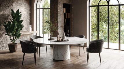 a dining room with a marble table and chairs 