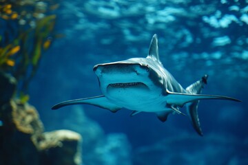Naklejka premium Hammerhead shark in the blue ocean, underwater photograph.