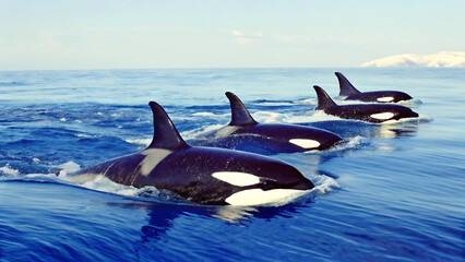 Fototapeta premium Orcas swimming gracefully together through ocean, showcasing their sleek bodies and distinctive markings. beautiful display of marine life