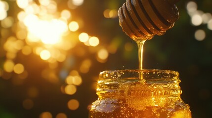 Honey dripping from a wooden dipper into a glass jar
