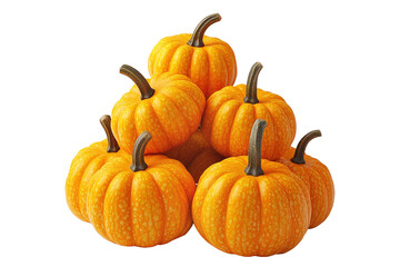 Obraz premium A pyramid arrangement of bright yellow pumpkins with brown stems isolated on white transparent background. Symbolizing autumn, harvest, and seasonal decoration