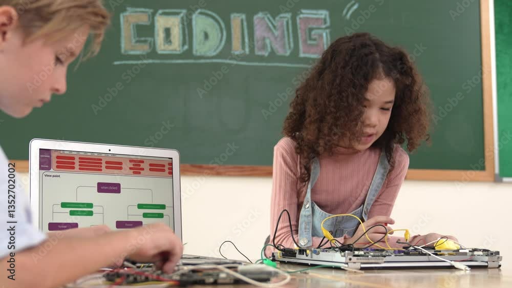 Poster diverse student working electronic board while laptop screen display coding engineering prompt and p