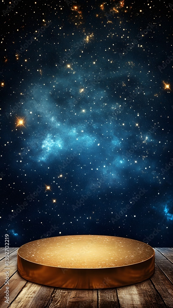 Poster a floating golden podium, placed in a celestial space with twinkling stars