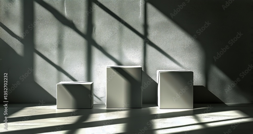 Aufkleber three geometric blocks casting shadows in a minimalist room with soft light