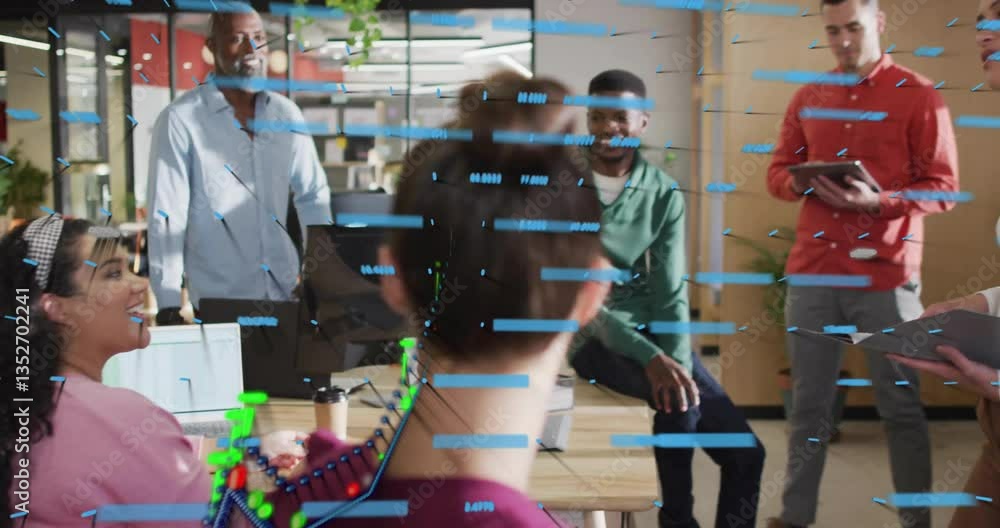 Poster in office, diverse team collaborating with animation of data graphs overlaying scene
