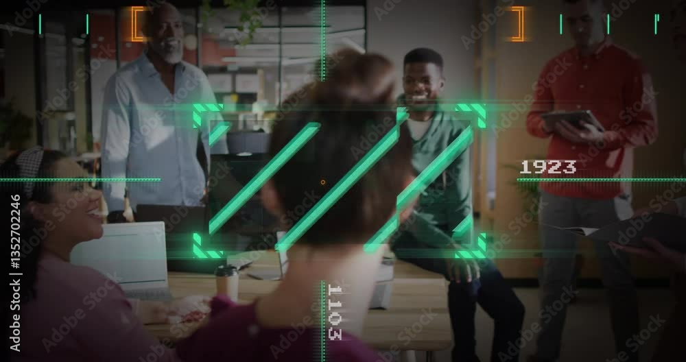 Poster diverse office team collaborating with digital data processing animation overlay