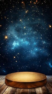 Fototapeta A floating golden podium, placed in a celestial space with twinkling stars