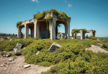 Overgrown, crumbling concrete structures in a desolate wasteland, dust,  photography