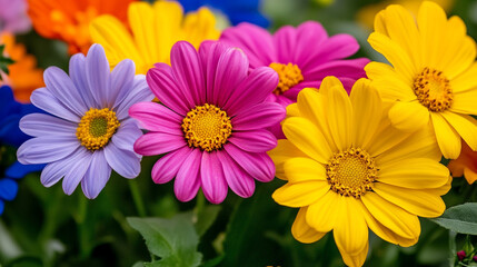 Obraz premium A vibrant, high-resolution close-up photograph capturing a cluster of colorful flowers in a picturesque garden setting, showcasing intricate details and a lively explosion of hues