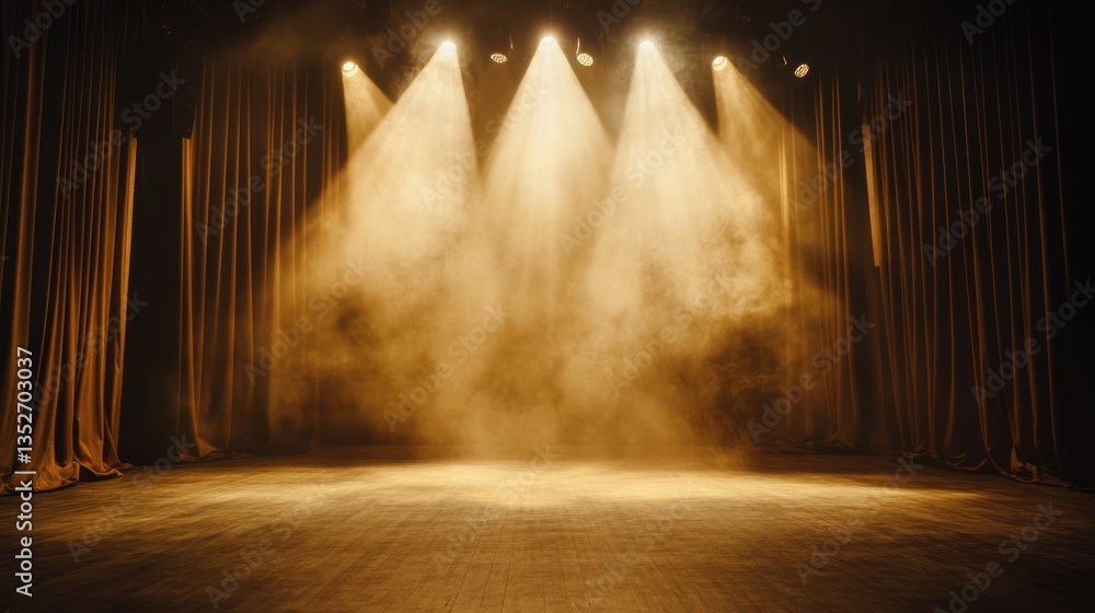 Poster empty dimly lit stage with curtains and spotlights creating a moody atmosphere. ideal for theater, p