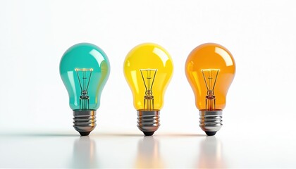 Three light bulbs on white background, various colors. Concept of idea, innovation, creativity, solution, technology, business, energy, inspiration, brainstorming. Bright light bulbs isolated.
