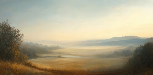Obraz premium Serene painting depicts a field enveloped in morning mist beautifully