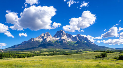 Fototapeta premium A breathtaking view of a majestic mountain range adorned with lush green grass under a clear blue sky, reflecting the beauty of nature in perfect harmony.