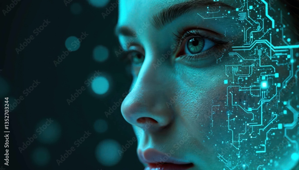 Poster generative ai illustration of woman with digital circuit patterns on face. artificial intelligence, 