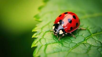 A red ladybug with black spots on a green leaf