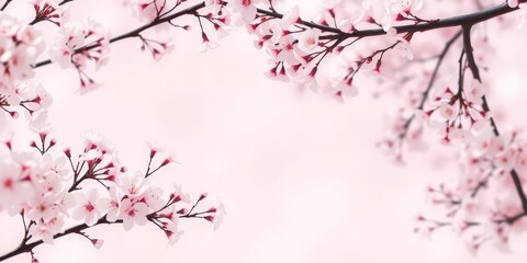 Pale pink and white dreamy background, delicate cherry blossom branches form a romantic spring frame, texture, flowers