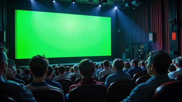 Audience Watching a Green Screen Movie Presentation in a Theater