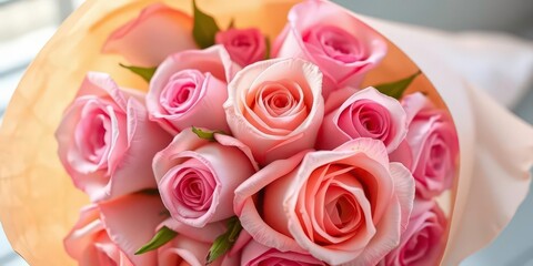 Pastel roses arranged in a paper cone, soft light, wedding, soft