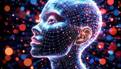A digital rendering of a side profile of a woman's face with geometric lines and dots that form a grid pattern, set against a backdrop of colorful circles and dots.